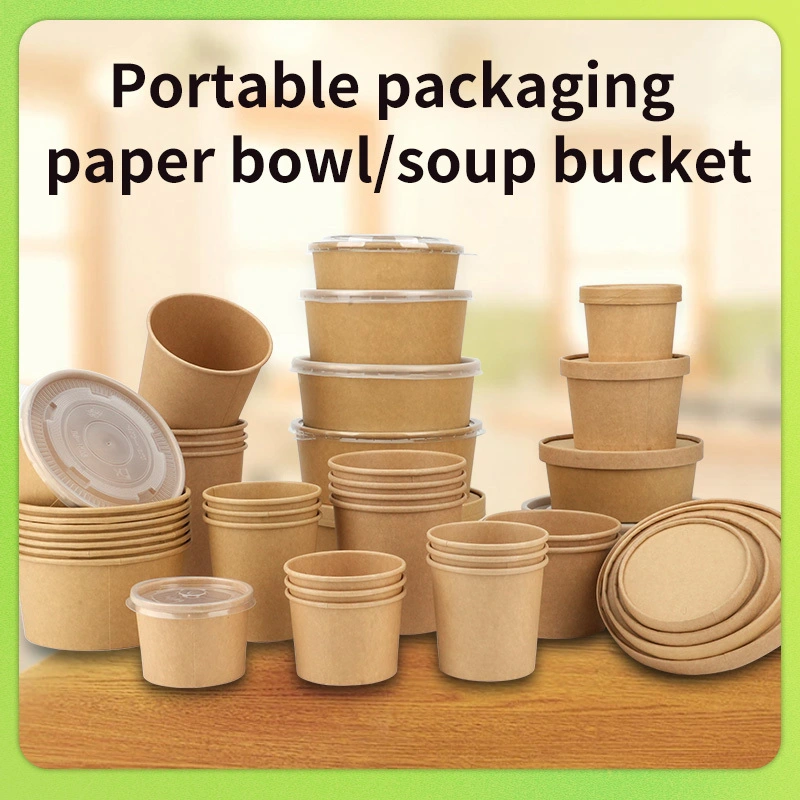 Récipients à soupe jetables en papier kraft avec couvercles – Bols à emporter en vrac prêts à l'emploi & Récipient à soupe de nouilles 1