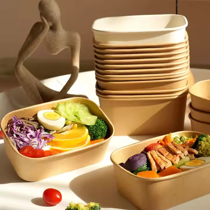 Disposable Kraft Paper Bowls Food Containers with Lids – Bulk 500ml to 1000ml Rectangular Bowls for Takeaway 1