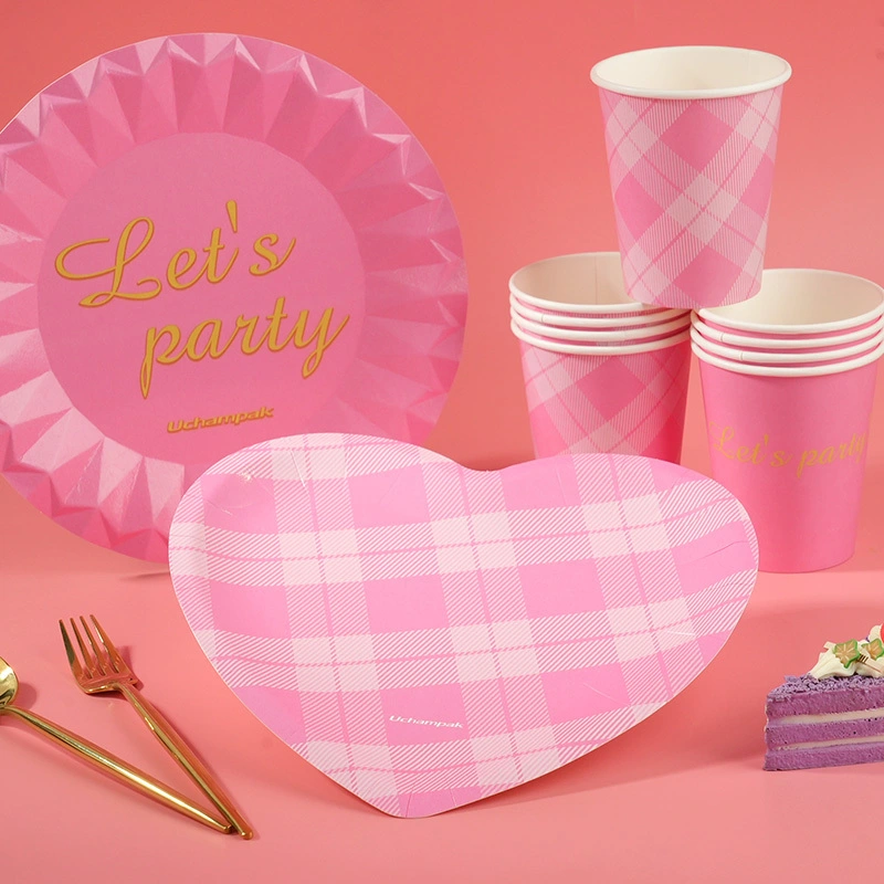 Pink Tableware Birthday Plates Cups Disposable Dinnerware Paper Cups Plate Forks Knifes Spoons For Kid Shower Supplies 1