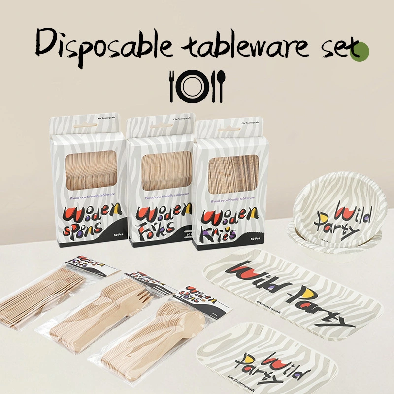 Disposable paper plate tableware set wooden knife, fork and spoon set paper plate paper bowl zebra pattern tableware 1
