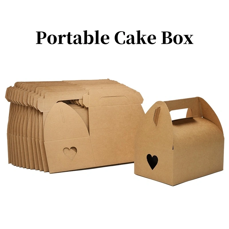 Ready Stock 5.5 inch 8 inch Food Grade Recycled Takeaway Food Packaging Kraft Paper Bakery Cake Portable Handle Box 1