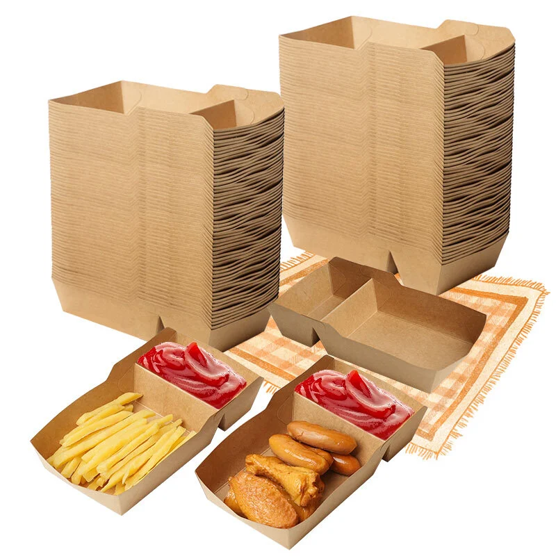 Food Paper Trays Snack Nacho Fried Container Takeaway Boxes French Fries Tray Disposable Kraft Paper Snack Box Food Trays 1