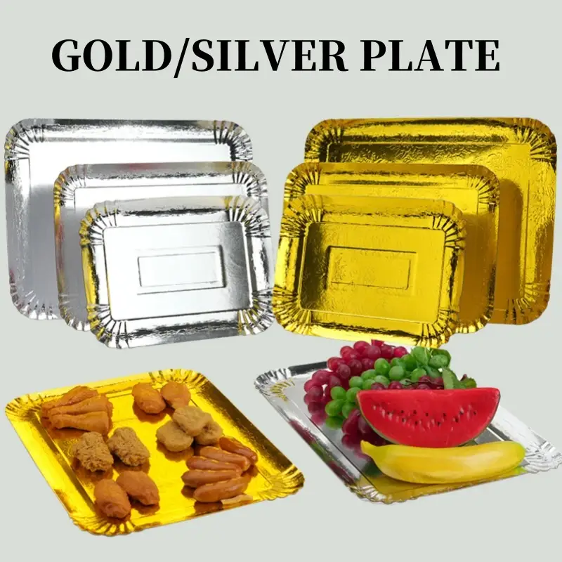 Dronuilleog indiúscartha Ardchaighdeáin Bia Grád Éicea-chairdiúil páipéar bán tráidire pláta páipéir torthaí sneaiceanna císte órga 1