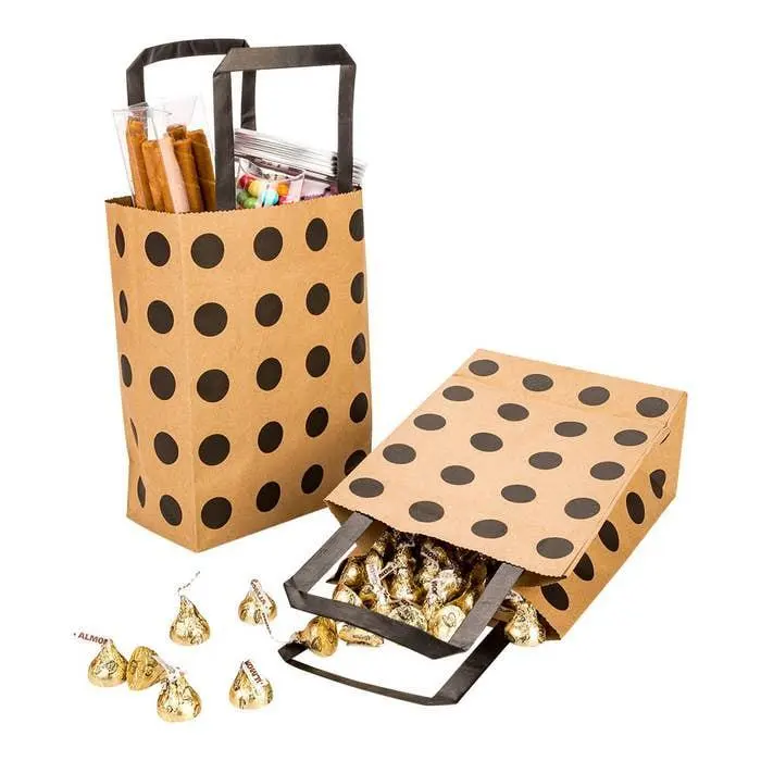 Saving Nature Food Grade Brown Paper Bag Retail Kraft Paper Bag - Black Polka Dots with Flat Handles 1