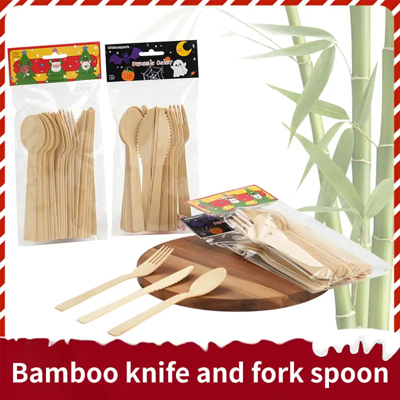Uchampak Özel Tasarım Bambu Çatal Bıçak Takımları – Perakende Ambalajlı Çoklu Paket Çatal Kaşık Bıçak 1