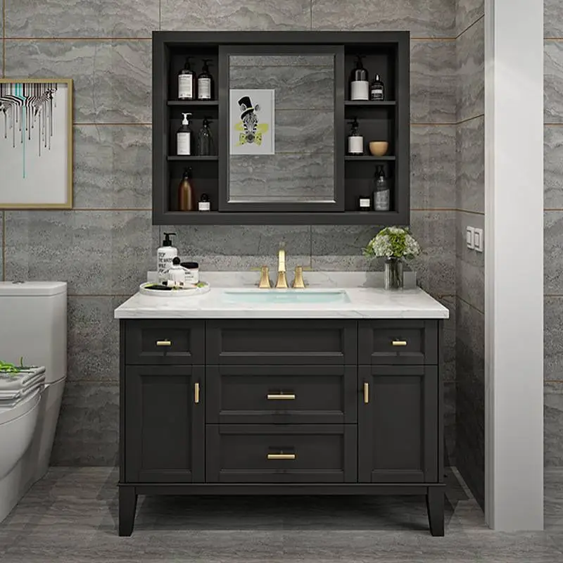 Simple American-style bathroom vanity Nordic solid wood bathroom washbasin cabinet combination light luxury bathroom cabinet 1