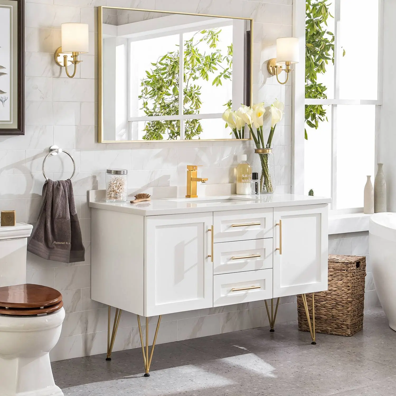 American bathroom vanity combination floor-standing light luxury simple solid wood modern washbasin cabinet bathroom 1