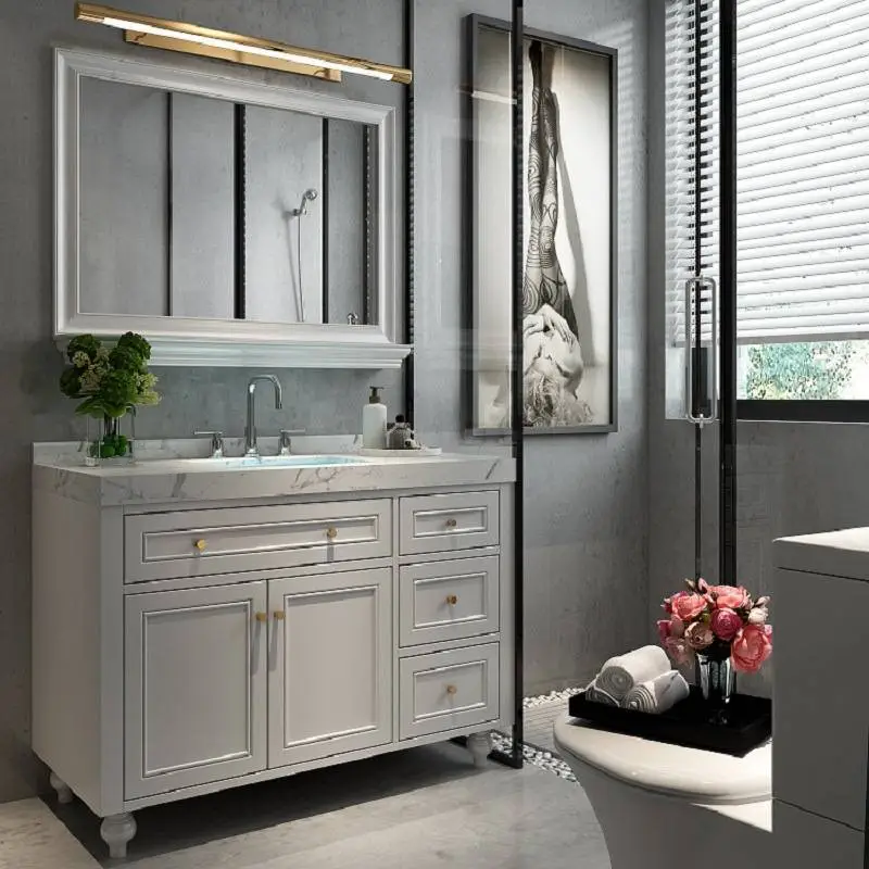 Nordic bathroom cabinet combination under the countertop round mirror American solid wood floor cabinet bathroom wash 1