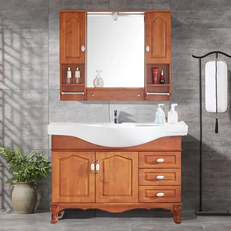 Floor-mounted solid wood bathroom cabinet combination wash basin European modern minimalist wash table 1
