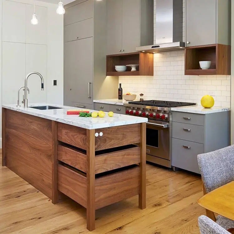 White and Wood Tone PVC Simple European Style Kitchen Cabinets 1