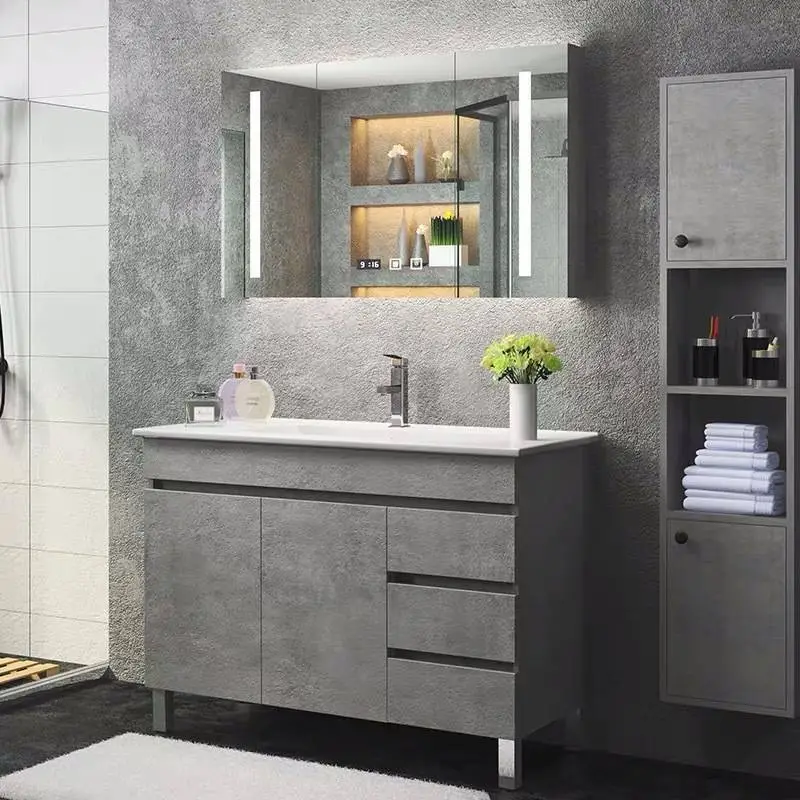 Solid wood bathroom cabinet smart mirror cabinet floor-standing wash basin American wash basin modern minimalist wash basin 1