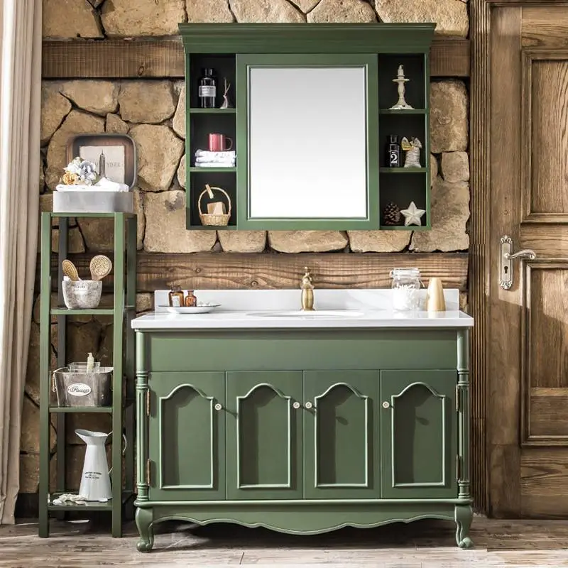 American Bathroom Vanity floor-standing solid wood light luxury combination wash basin French carved toilet storage cabinet 1