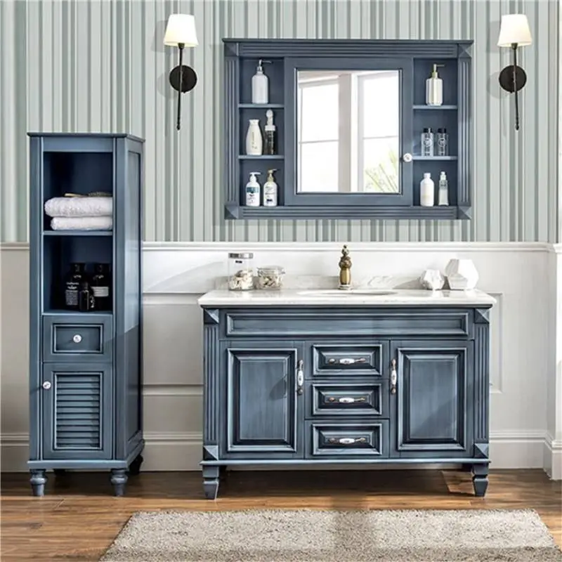 American solid wood bathroom vanity combination Mediterranean oak floor-mounted marble wash basin sink cabinet bathroom cabinet 1