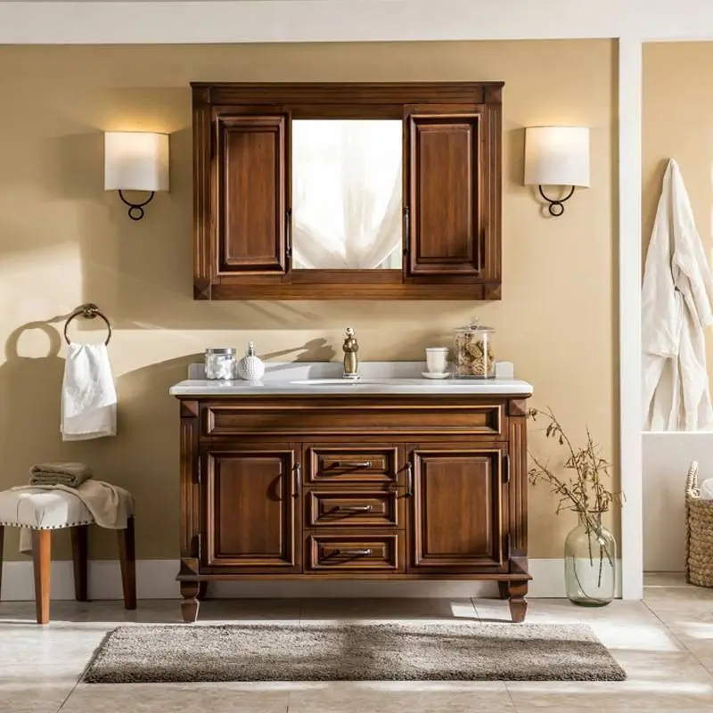 American bathroom vanity combination walnut color hidden mirror cabinet bathroom sink solid wood hand wash basin 1