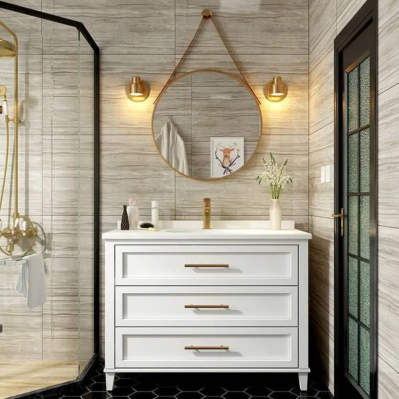 Light luxury oak bathroom cabinet combination modern minimalist washbasin cabinet American bathroom vanity solid wood sink 1