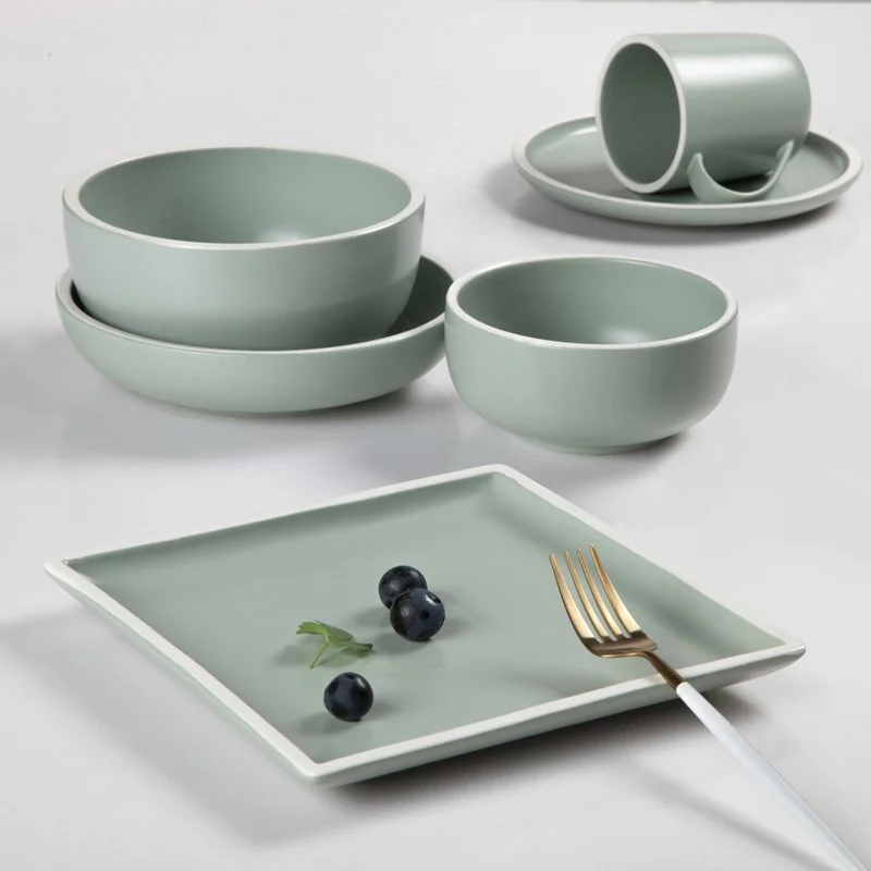 Contemporary Style Jade Green Color Porcelain Dinner Set With White Rim - TC08 1