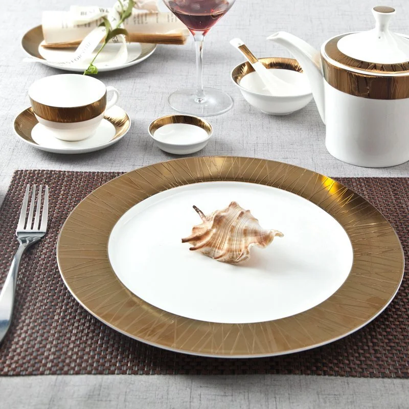 Golden And White  Porcelain Fine Bone china Dinnerware With Embossed Rim - TD08 1