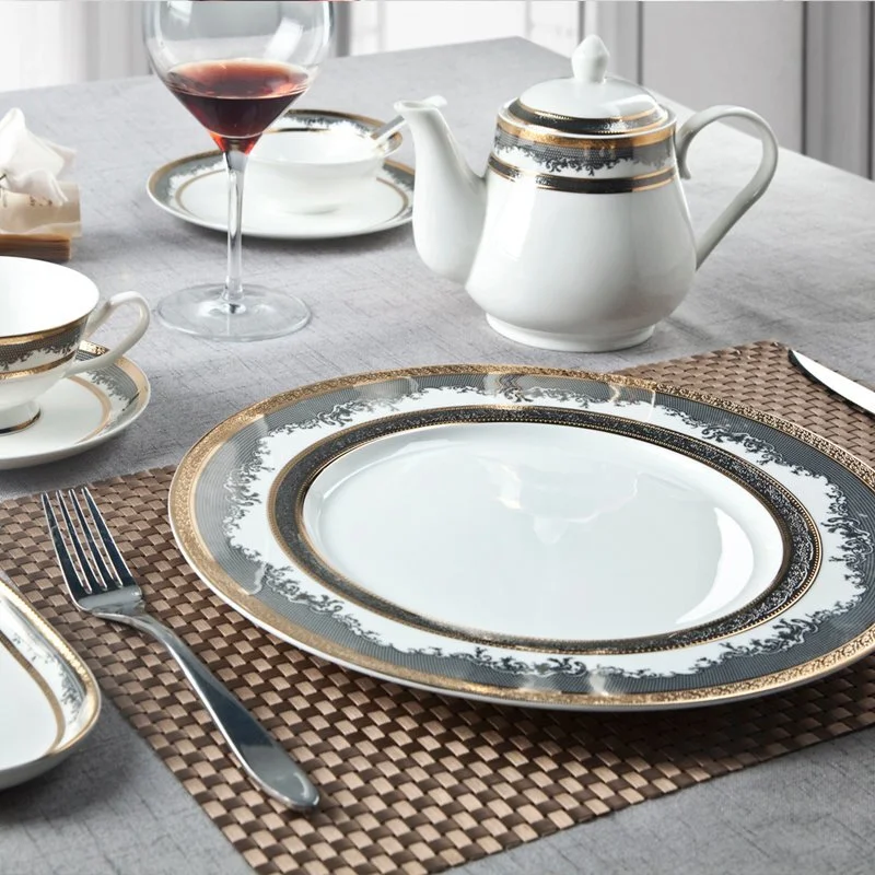 Classic Style Round Decal Fine Bone china Dinnerware with Golden Rim - TD11 1