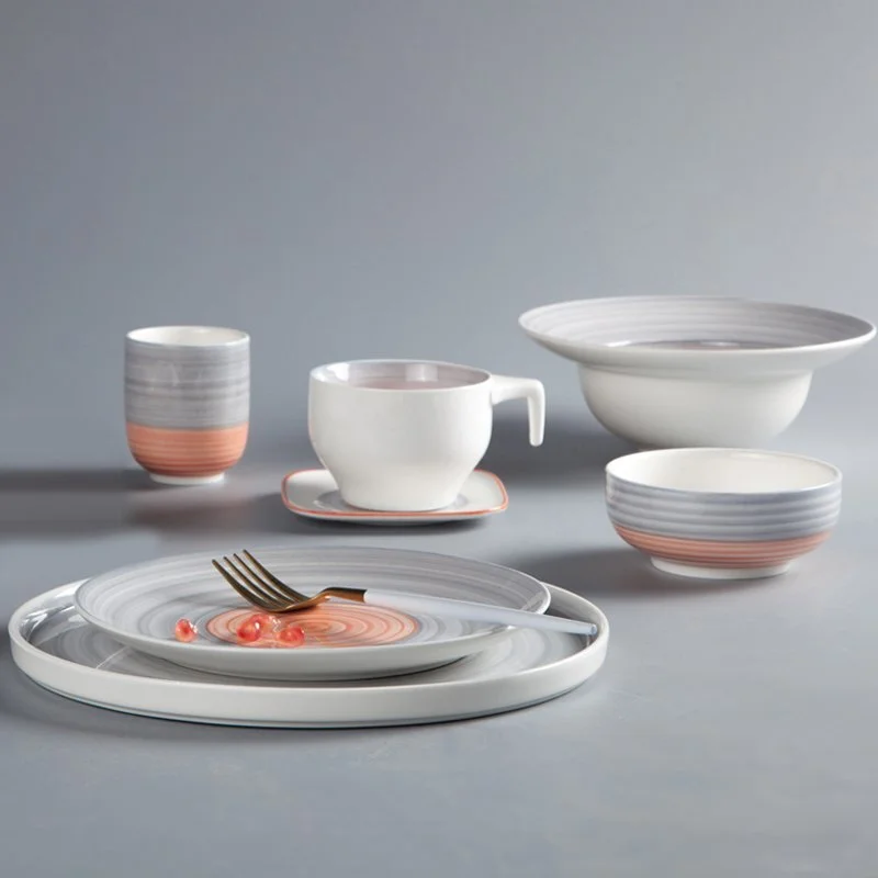 German Style Color Porcelain Dinner Set With Embossed Line & Oragne Rim - TC05 1