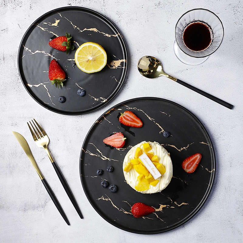 New Design Hotel Use Black &Gold Decal 8.5/10.5 Inch Marble Round Plate, New Design Hotel Use Black &Gold Decal Marble Set& 1