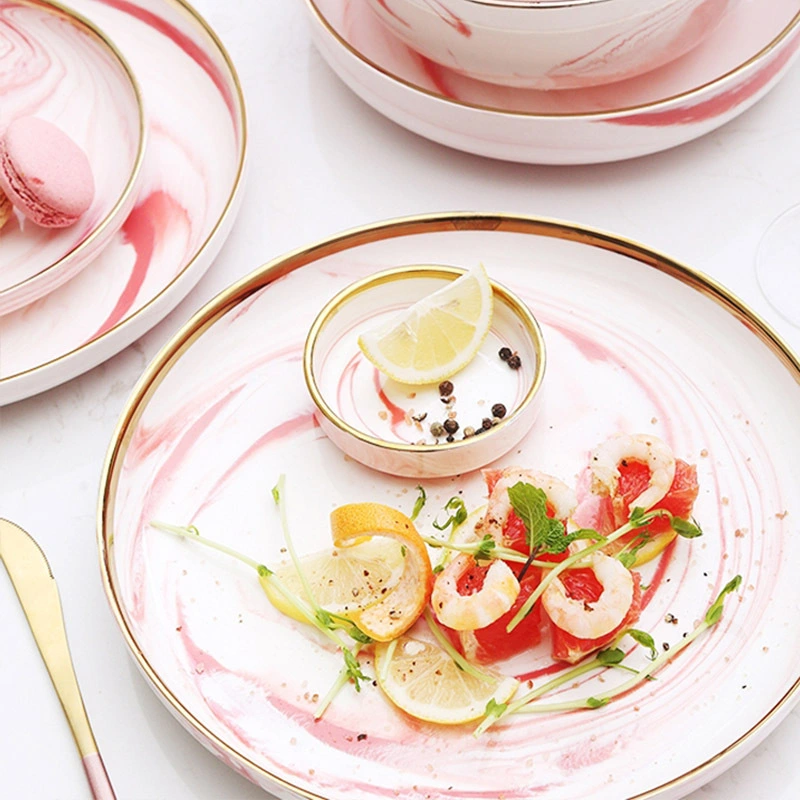 Nordic Restaurant Crockery Pink Dinnerware, Marble Porcelain Dinner Dish Ceramics Plate, Gold Rim Dinner Plate Tableware Set 1