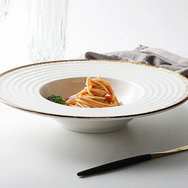 High Quality 28ceramics Used Restaurant Dishes For Sale, Coupe Soup Bowl, Rustic Rim Catering Ceramic Pasta Plate^ 1
