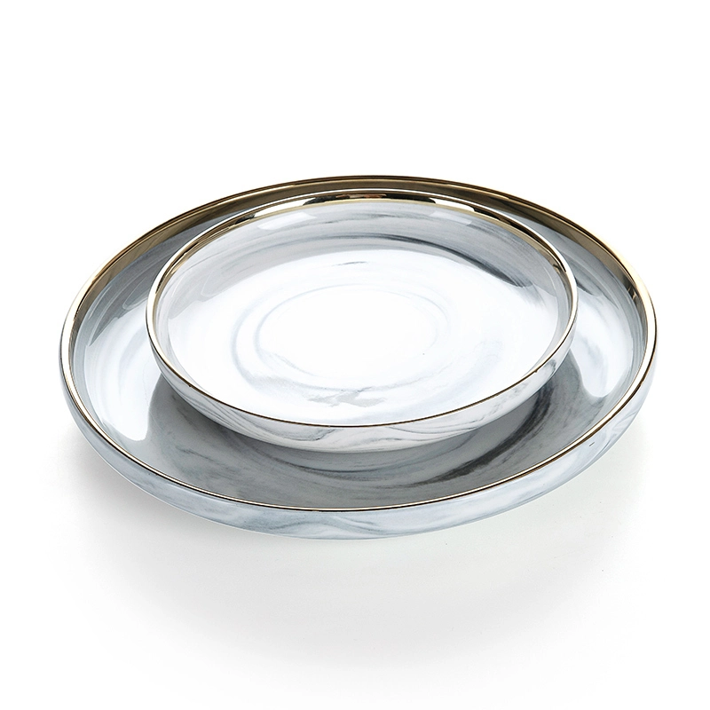 Durable Dishwasher Safe High Temperature Banquet Catering Serving Dishes, Marble Ceramic Crockery Gold Plates& 1