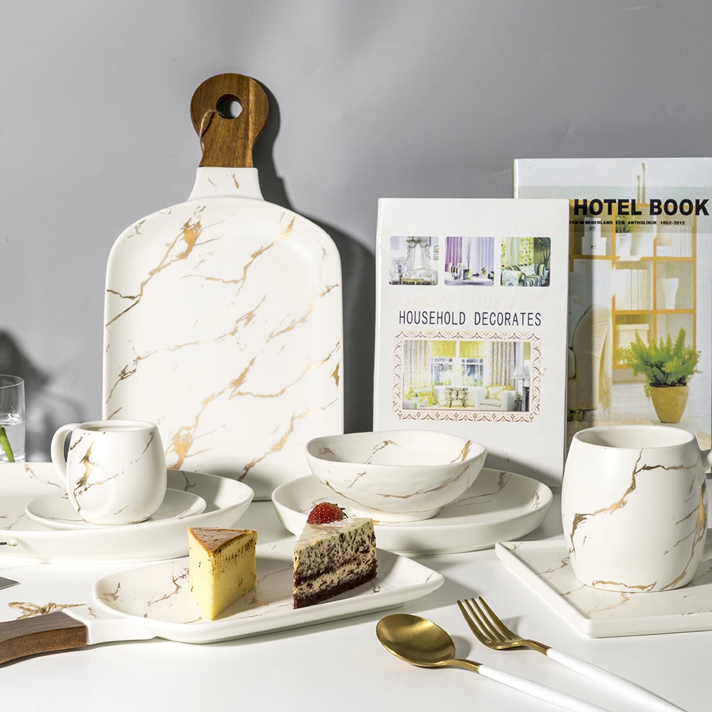 Luxury Ceramic Plate Sets For Restaurant, Square Marble Plates White and Gold Dinner Plate Sets For Wedding Party 1
