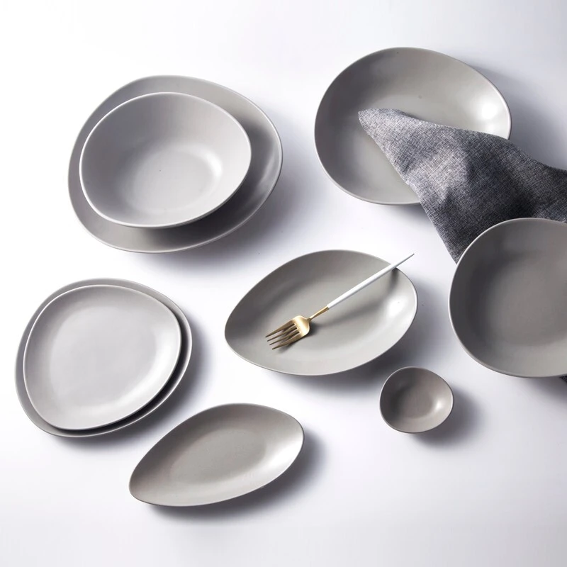 Restaurant Hot Plate Rustic Stone Stoneware, Black/ Grey/ White Color Porcelain Plate Restaurant, Colorful Dinnerware Sets* 1