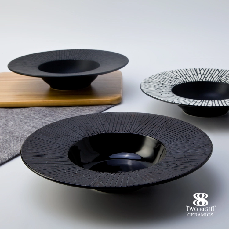 Top sale Japanese porcelain soup bowl fine restaurant hotel ceramic table set round black slate pasta plate crockery tableware 1