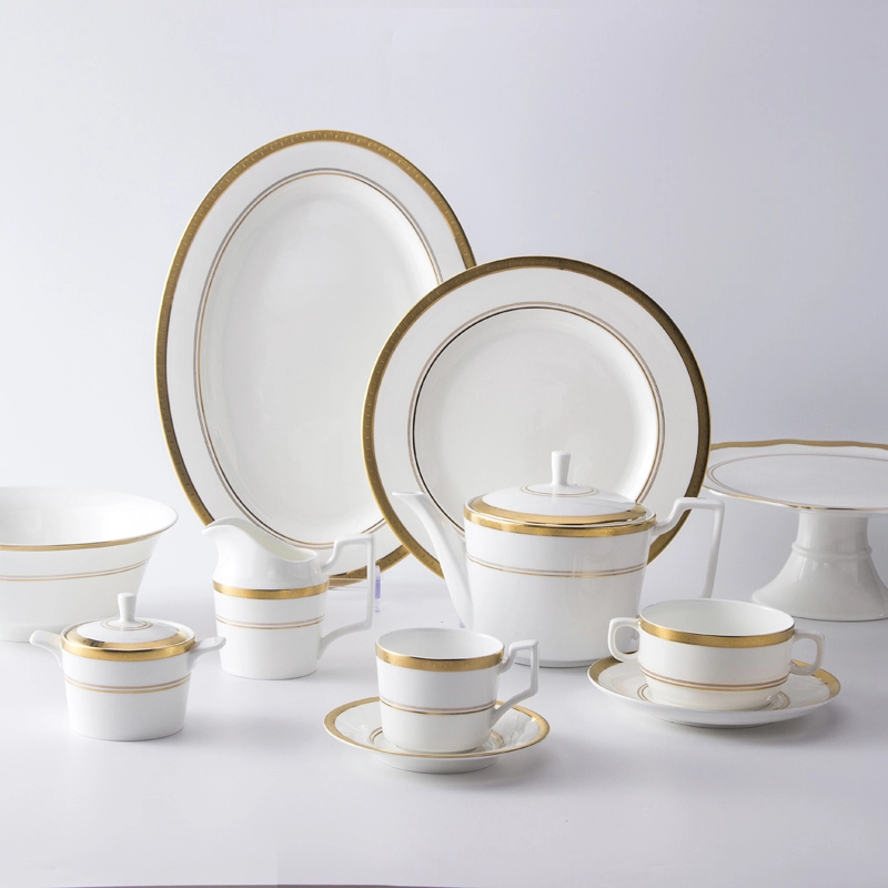 Best Seller Unique Fine Bone China Hotel Use Ceramic Ware Dinnerware Sets, Gold Rim Tableware Set For Hotel Banquest Plates^ 1