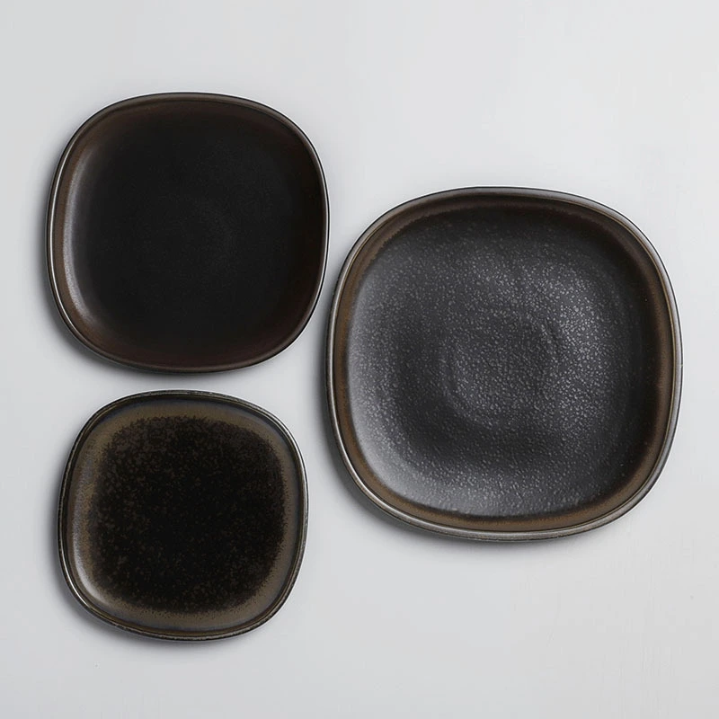 Hot Sale Japanese Restaurant Black Square Glazed Rust Ceramic Dinner Plate 1