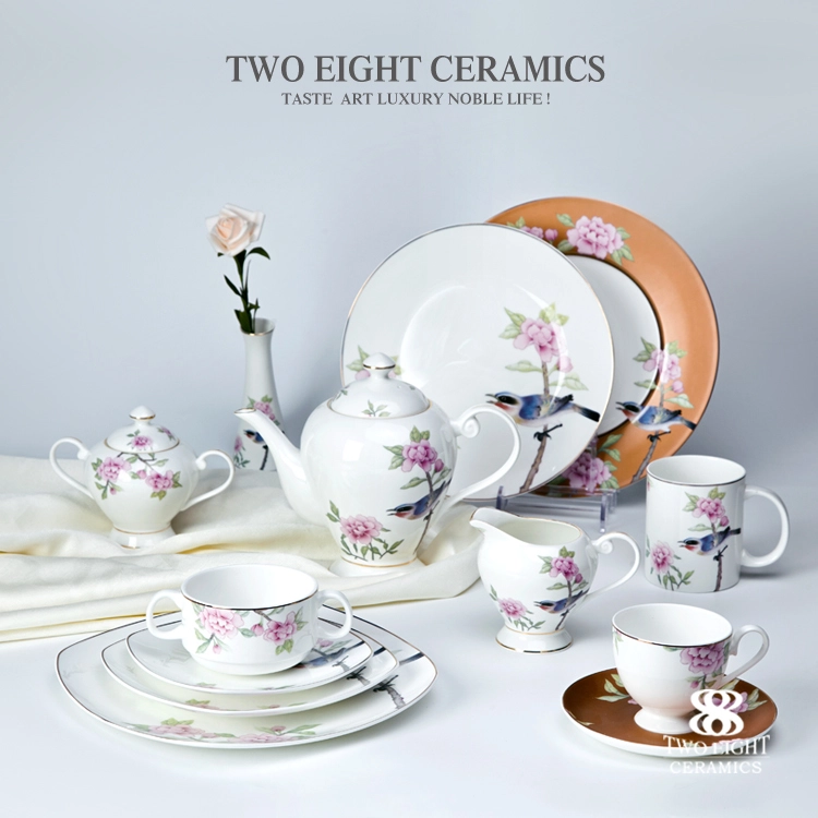 Wholesale royal bone china luxury dinner set flower decal printing hotel crockery set 1