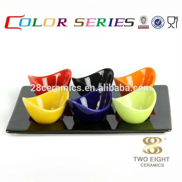 3.5buffet Wholesale color condiment set 6 small ceramic divided bowl with tray 1