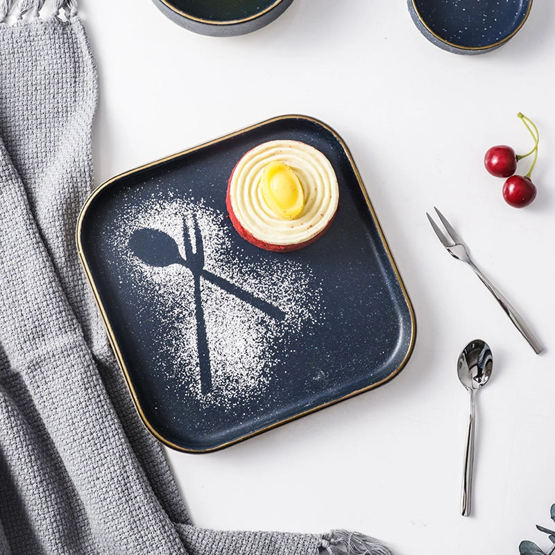 7.5 Inch Bread Cake Blue Crockery Plate, Gold Line Luxury Dinnerware, Hot Sale Restaurant Ceramics Square Dinner Plate 1