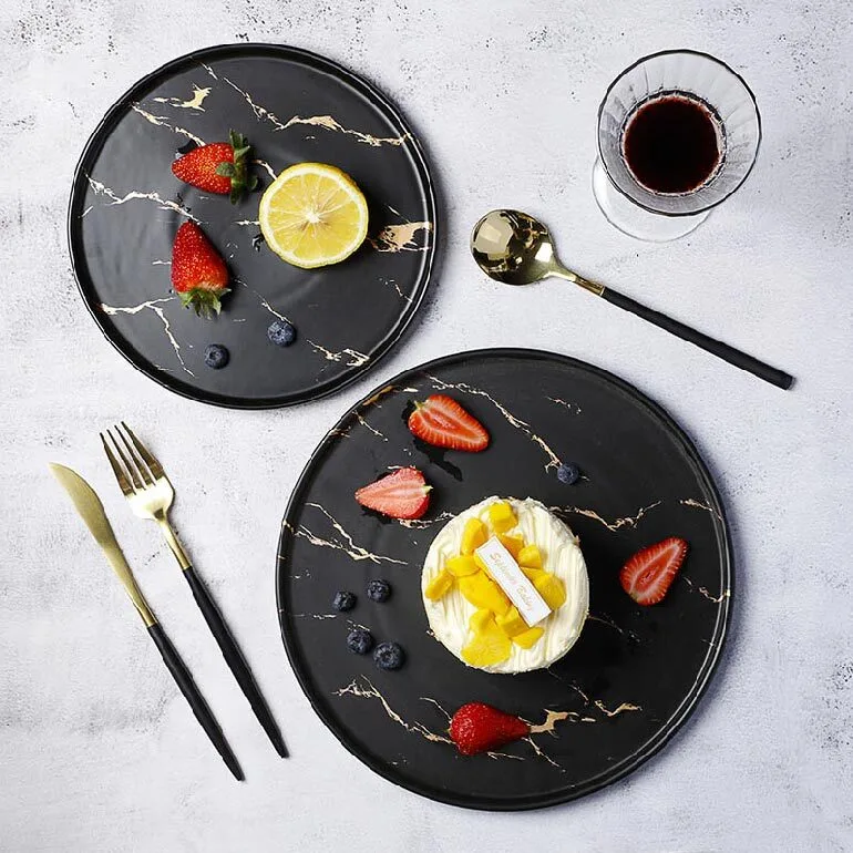 Best Selling Two Eight Black &Gold Decal Marble Stone Plate, Durable Hotel Use Black &Gold Decal 8.5/10.5 Inch Marble Dish~ 1
