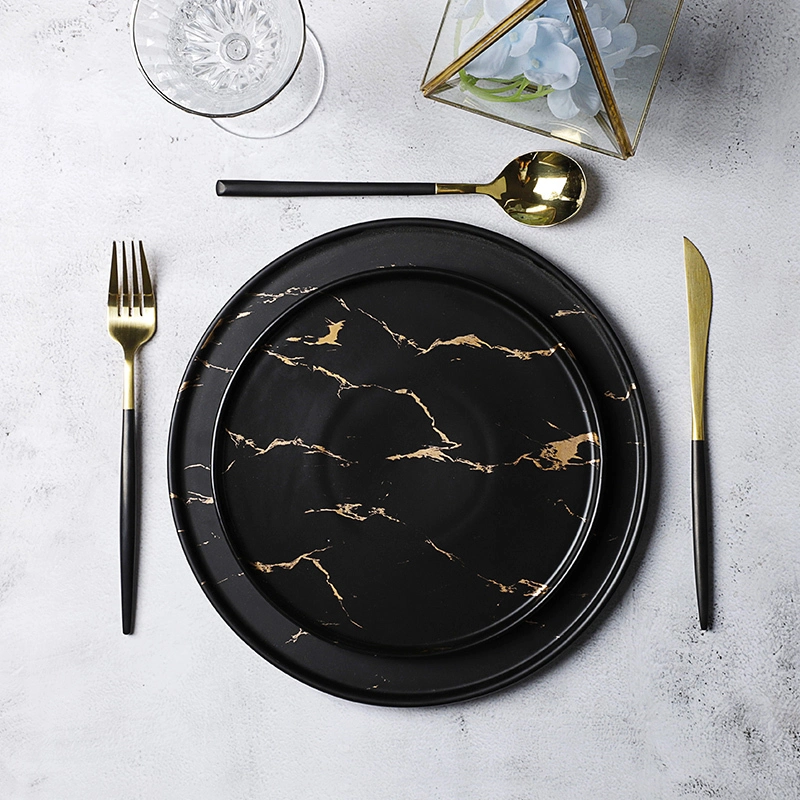 Luxury Two Eight Black &Gold Decal Tableware Marble, Luxury Hotel Use Black &Gold Decal Antique 8.5/10.5 Inch Marble Plate@ 1