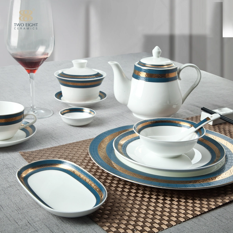 Dubai Mid East Persian decorative blue gold and bone china crockery setsserving dishes plate for hotel 1