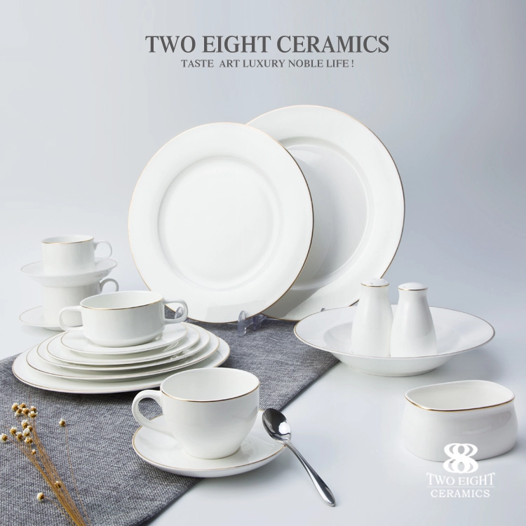 High new bone china dinner set with gole charger plate unique luxury golen rim ceramic diner ware gold cutlery set for banquet 1