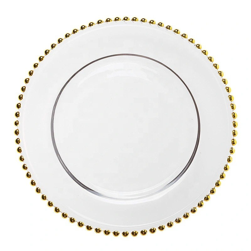 Wholesale Wedding Party Glass Charger Plates 8.25 Inch Gold Beaded Dinner Serving Plates for Banquet 1