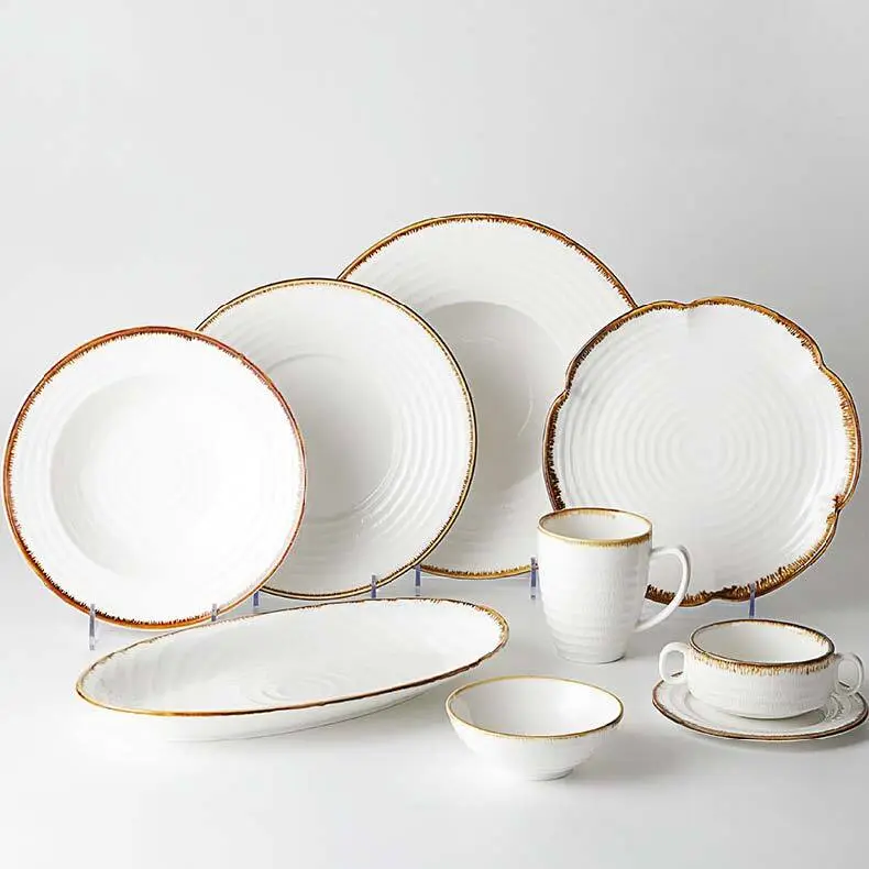 Color Rim Brand Ware Dinnerware Set, Rustic Dinner Sets Wholesale, Brown Rim Ceramic Dinner Set Dinnerware& 1
