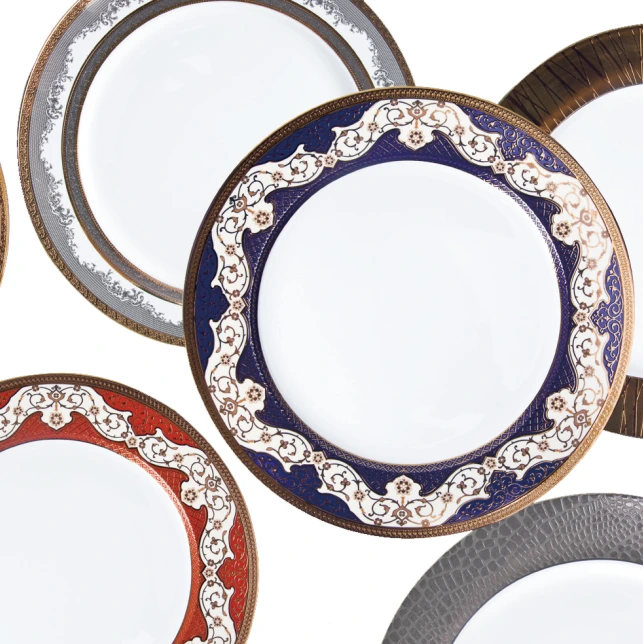2017 new style decal embossed bone china crockery 12 gold dinner plates 1