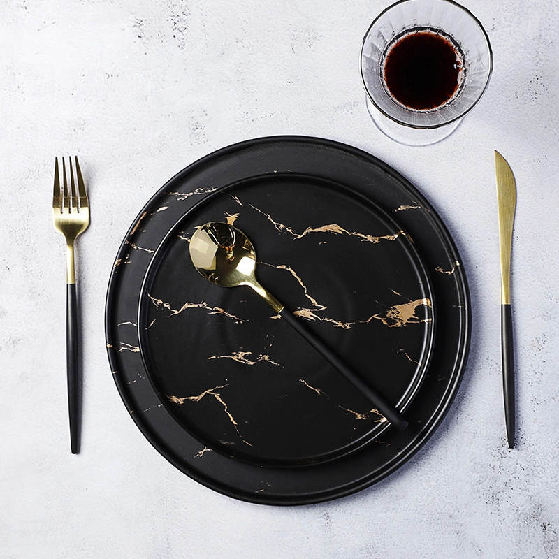 Restaurant Crockery Black Ceramic, Catering Hotel Used Black Marble Dinner Plates, Black And White Plate Matt& 1