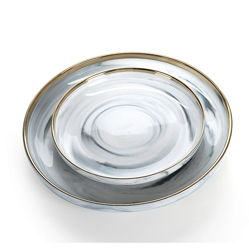 Hotel China Ware Gold Rim Grey Flat Round Ceramic Porcelain Marble Charger Plate, Marble Dish^ 1