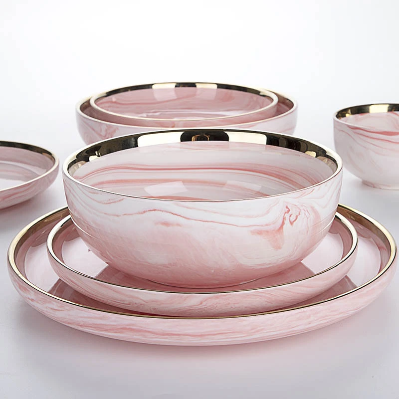 Best Selling Idea Latest Horeca Dinner Set Gold With Popular Design Marble Dish Pink Restaurant Dinner Set Porcelain@ 1