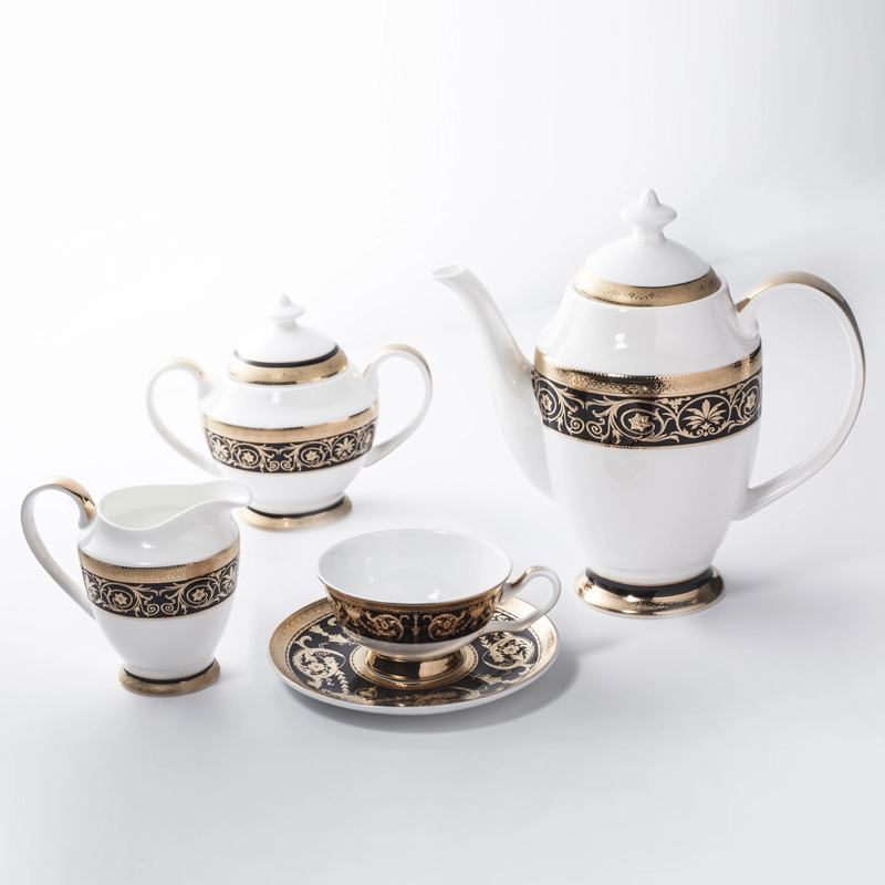 Dubai Black Embossed Bone China Crockery Golden Coffee Set Tea Set, Restaurant Modern Luxury Dinnerware Coffee Set> 1