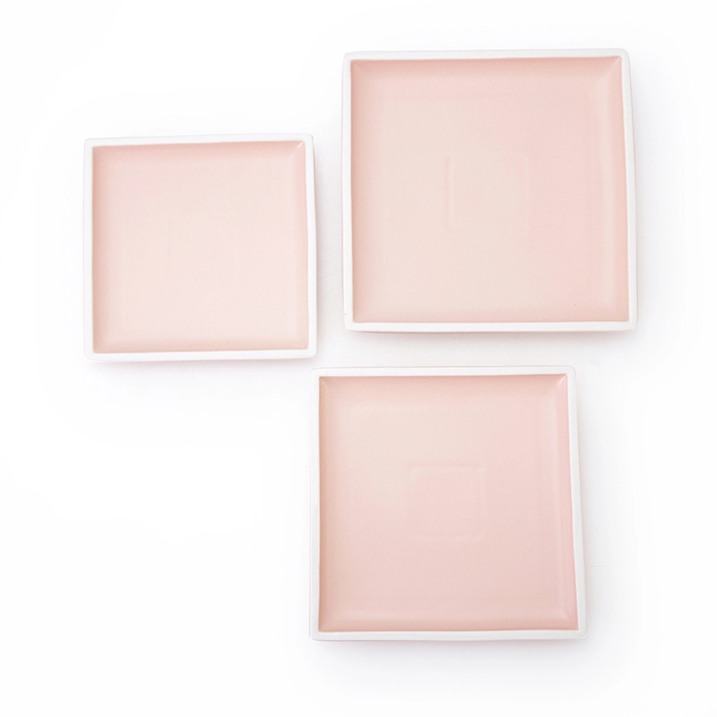 Compra en Linea Platos Porcelana Color، أطباق الفنادق ذات اللون غير اللامع، أواني أطباق البورسلين المربعة للمطاعم باللون الوردي 1