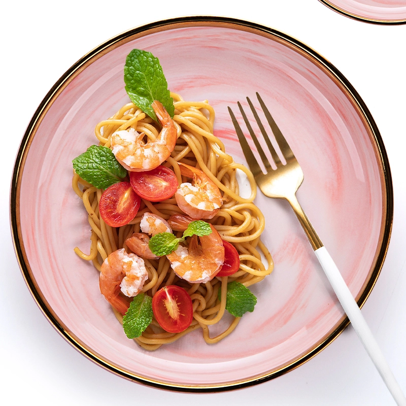 Porcelain Dinnerware Gold Rim Pink Ceramics Plate, Nordic Porcelain Dinner Dishes, Crockery Tableware for Restaurant 1