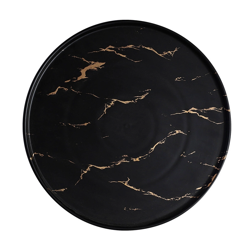 Fine Resort Crokery Dishes Restaurant, Hot Sale Round Marble Ceramic Plates, Special Cafe Dinnerware Black Color Dishes& 1