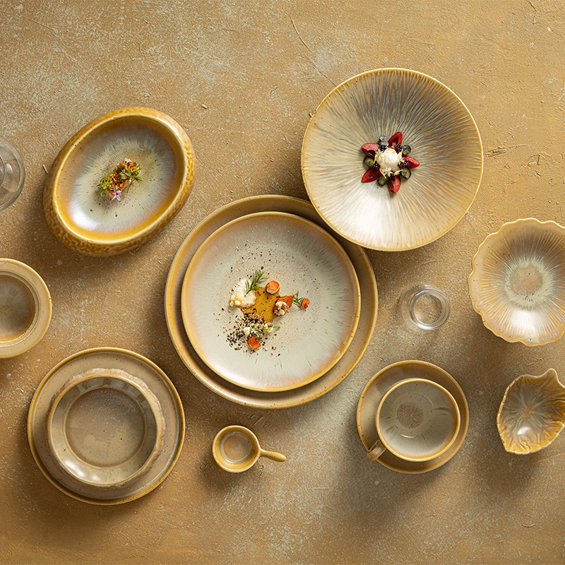 Коллекция Sunset — новая популярная коллекция фарфора в земляных тонах 2026 года, керамическая посуда без содержания свинца для ресторанов, отелей и мероприятий. 1